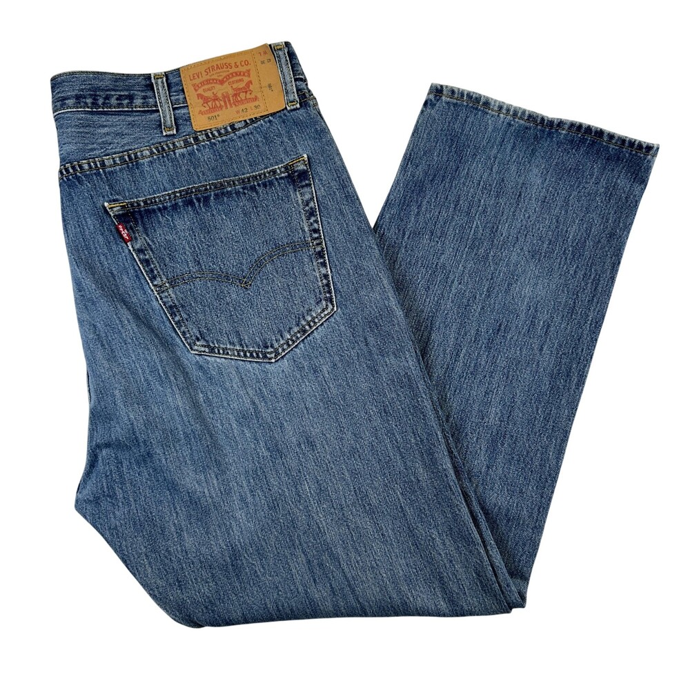 Levis 501 Jeans Mens 42x30 Medium Wash Blue Denim Regular Straight Button Fly